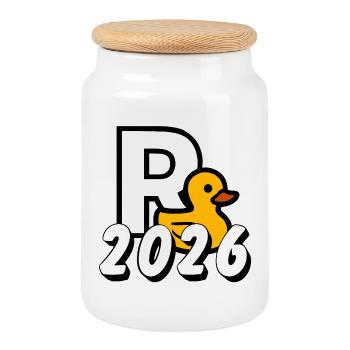 Rente 2026 , R Ente 2026 - Keksdose mit Holzdeckel - Weiß - Vorne