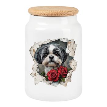 Shih Tzu - Boîte à biscuits avec couvercle en bois - blanc - Devant