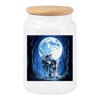 Lobo y hada bajo luna azul - Cookie Jar with Wooden Lid - white - Front