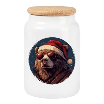 Winter Bear Santa Sunglasses - Cookie Jar with Wooden Lid - white - Front