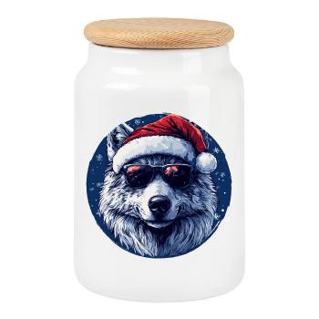 Wolf with Christmas hat and sunglasses - Cookie Jar with Wooden Lid - white - Front