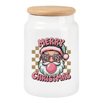 Joyeux Noël Lunettes Léopard du Père Noël - Boîte à biscuits avec couvercle en bois - blanc - Devant