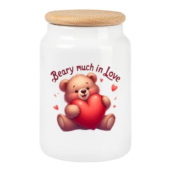 Ours en peluche avec un cœur pour les amoureux - Boîte à biscuits avec couvercle en bois - blanc - Devant