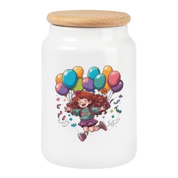 Cheerful girl with balloons - Cookie Jar with Wooden Lid - white - Front