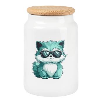 Cute Fluffy Cat Cartoon Kawaii Wearing Sunglasses - Cookie Jar with Wooden Lid - white - Front