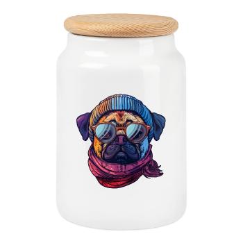 Hipster Pug Beanie and Scarf Wearing Sunglasses - Cookie Jar with Wooden Lid - white - Front