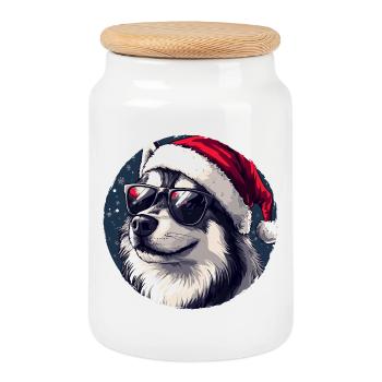 Siberian Husky Santa Sunglasses - Cookie Jar with Wooden Lid - white - Front