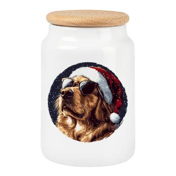 Weihnachtshund mit Sonnenbrille - Keksdose mit Holzdeckel - Weiß - Vorne