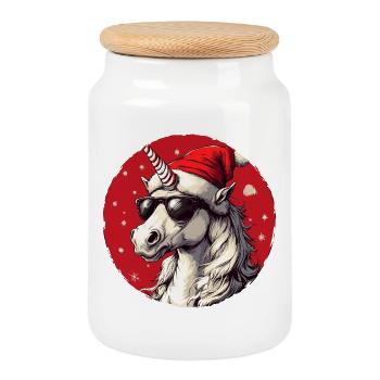 Licorne de Noël avec lunettes de soleil - Boîte à biscuits avec couvercle en bois - blanc - Devant