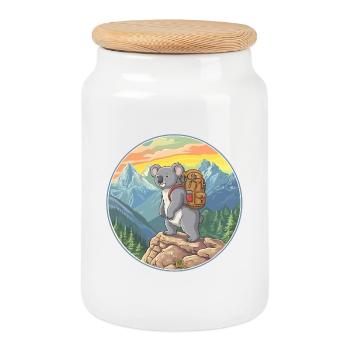Cute Koala Hiking Camping Mountain Adventure - Cookie Jar with Wooden Lid - white - Front