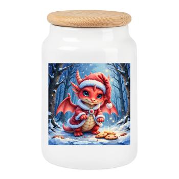 Adorable Christmas Dragon in Snowy Forest - Cookie Jar with Wooden Lid - white - Front