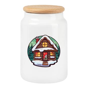 Winter cabin cartoon with cat - Cookie Jar with Wooden Lid - white - Front