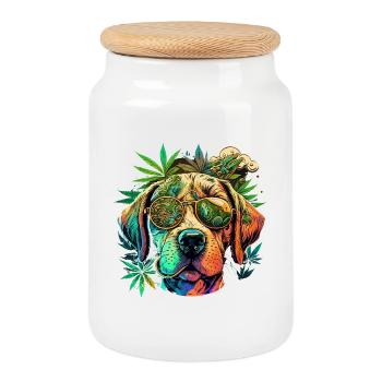 Colorful Dog with Sunglasses & Cannabis - Cookie Jar with Wooden Lid - white - Front