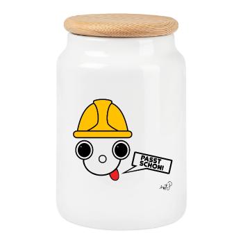Koppie mit Bauarbeiterhelm  - Keksdose mit Holzdeckel - Weiß - Vorne