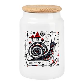 Folk Art Schnecke mit Pilzen – Retro Design  - Keksdose mit Holzdeckel - Weiß - Vorne