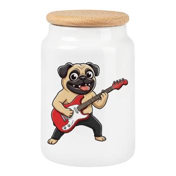 Cute Pug Clown Dog Guitar Musician Cartoon - Cookie Jar with Wooden Lid - white - Front