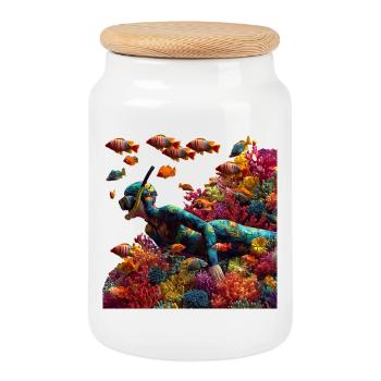 Plongeur sur récif corallien avec poissons colorés - Boîte à biscuits avec couvercle en bois - blanc - Devant