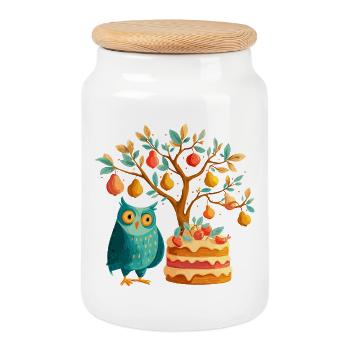 Fruit tree and owl cake - Cookie Jar with Wooden Lid - white - Front