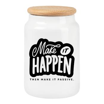 Make It Happen Typo Motivationsspruch - Keksdose mit Holzdeckel - Weiß - Vorne