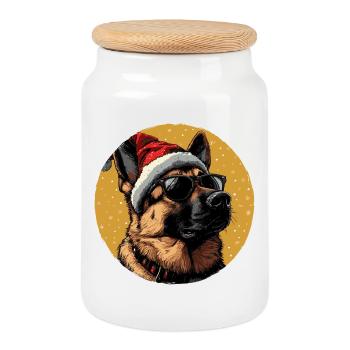 Weihnachtshund mit Santa-Hut und Sonnenbrille - Keksdose mit Holzdeckel - Weiß - Vorne