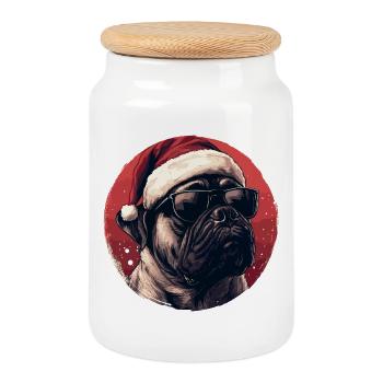 Pug in Santa hat with sunglasses - Cookie Jar with Wooden Lid - white - Front