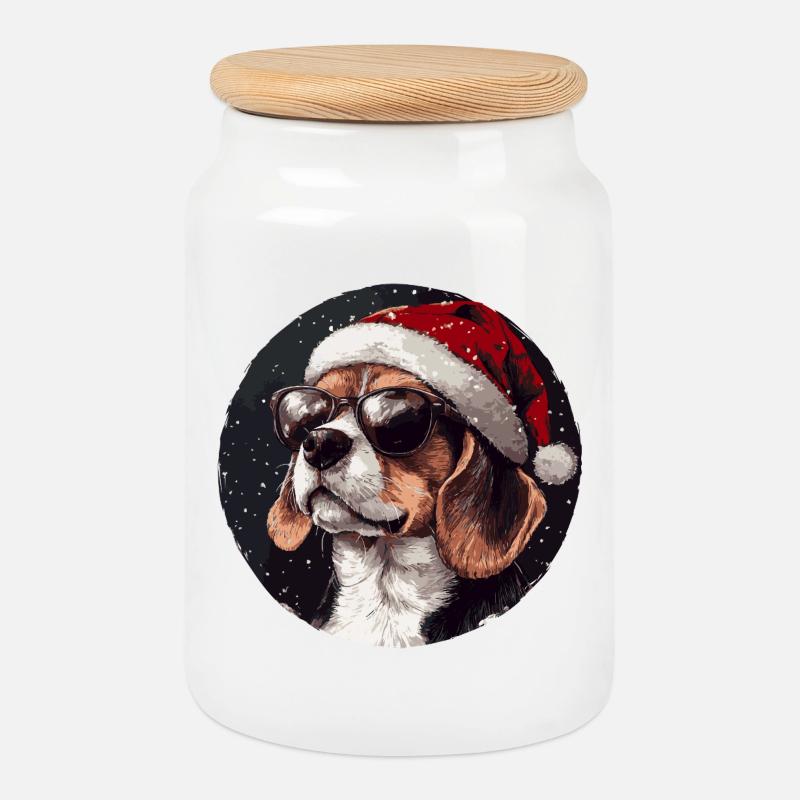Beagle im Weihnachts-Santa-Hut - Keksdose mit Holzdeckel - Weiß