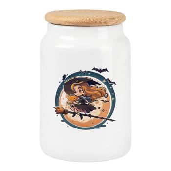 Moonlight Witch on Broom - Cookie Jar with Wooden Lid - white - Front