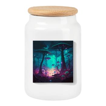 Neon Forest of Glowing Mushrooms - Cookie Jar with Wooden Lid - white - Front