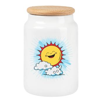 Smiling sun above clouds - Cookie Jar with Wooden Lid - white - Front
