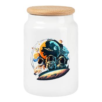 Astronauts in orbit planet view - Cookie Jar with Wooden Lid - white - Front