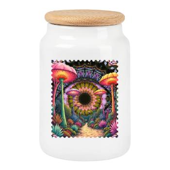 Psychedelischer Pilzpfad Mandala - Keksdose mit Holzdeckel - Weiß - Vorne