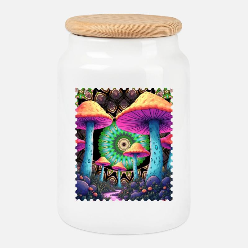 Psychedelische Pilze im Mandalawald - Keksdose mit Holzdeckel - Weiß