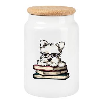 Cute Westie Dog Reading Book with Glasses - Cookie Jar with Wooden Lid - white - Front