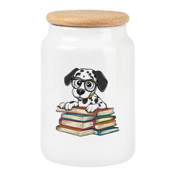 Mignon livre de lecture de chien dalmatien avec lunettes - Boîte à biscuits avec couvercle en bois - blanc - Devant