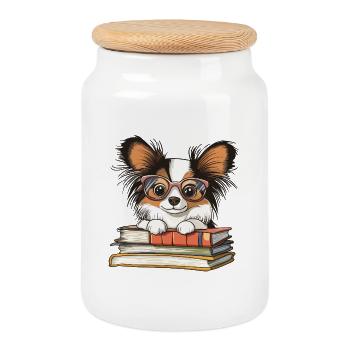 Süßes Papillon-Hundelesebuch mit Brille - Keksdose mit Holzdeckel - Weiß - Vorne