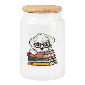 Mignon livre de lecture pour chiens maltais avec des lunettes - Boîte à biscuits avec couvercle en bois - blanc - Devant
