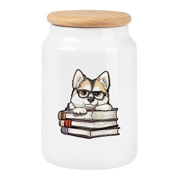 Un mignon livre de lecture de chien Akita avec des lunettes - Boîte à biscuits avec couvercle en bois - blanc - Devant