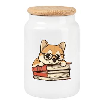 Cute Shiba Inu Dog Reading Book with Glasses - Cookie Jar with Wooden Lid - white - Front