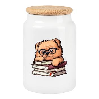 Cute Chow Chow Dog Reading Book with Glasses - Cookie Jar with Wooden Lid - white - Front