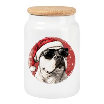 Cool dog in Santa look - Cookie Jar with Wooden Lid - white - Front