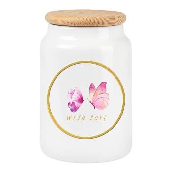 Pink Butterflies with Love - with love - Cookie Jar with Wooden Lid - white - Front