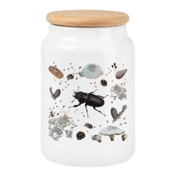 Scarabée cerf avec des pommes de pin et des champignons - Boîte à biscuits avec couvercle en bois - blanc - Devant