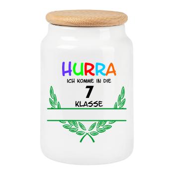 HOURRA ich komme in die 7. Classe - Espace de noms - Boîte à biscuits avec couvercle en bois - blanc - Devant