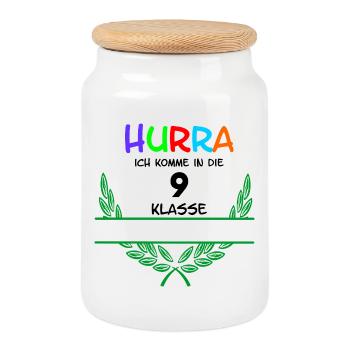 HOURRA ich komme in die 9. Classe – Espace de noms - Boîte à biscuits avec couvercle en bois - blanc - Devant