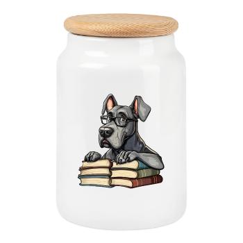 Süßes Dogge-Lesebuch mit Brille - Keksdose mit Holzdeckel - Weiß - Vorne