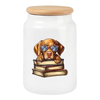 Cute Vizsla Dog Reading Book with Glasses - Cookie Jar with Wooden Lid - white - Front