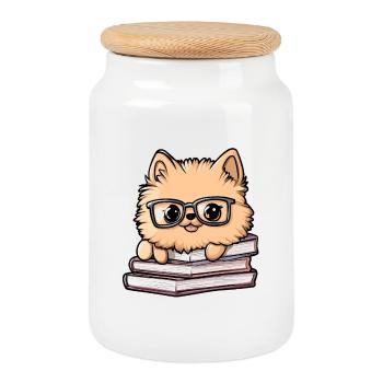 Mignon livre de lecture pour chiens poméraniens avec des lunettes - Boîte à biscuits avec couvercle en bois - blanc - Devant