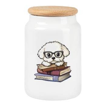 Mignon livre de lecture de chien Bichon Frisé avec lunettes - Boîte à biscuits avec couvercle en bois - blanc - Devant