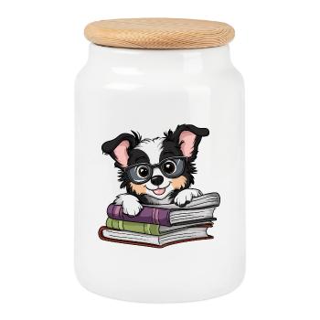 Cute Collie Dog Reading Book with Glasses - Cookie Jar with Wooden Lid - white - Front