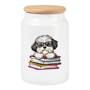 Mignon livre de lecture de chien havanais avec des lunettes - Boîte à biscuits avec couvercle en bois - blanc - Devant